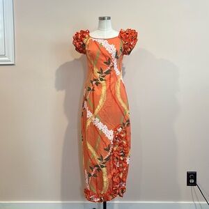 ROYAL CREATIONS HAWAIIAN Dress "NAOMI"  Ruffled Hem - Orange - floral print Sz S